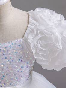 Girls' Floral Party Dress | 3D Embroidered Flowers On Sleeves & Hem With Sparkle Bodice | Special Occasion Gown For Birthday & School Events (2-7 Years) - 白色 - 查看 4