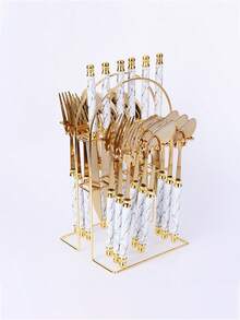 4-24pcs Marble Pattern Handle Knife Fork Spoon Set, Stainless Steel Western Cutlery Set, Steak Knife Fork Spoon Dessert Spoon Tableware Set