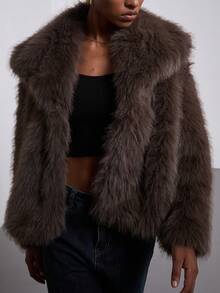 女式休闲仿毛领长袖外套夹克，时尚优雅，秋冬 - 咖啡棕 - 查看 5