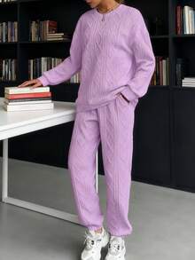 Autumn And Winter European And American Women's Clothing, New Ribbed Jacquard Trousers Casual Two-Piece Suits, Casual And Fashionable, Versatile, The First Choice For Sports And Shopping, Economical And Affordable, Light, Comfortable And Soft, Personalized Niche Design - 紫色 - 查看 2