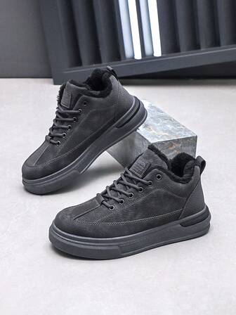 Men's Hiking Boots, Solid Color, Basic Sports Model, Anti-Slip Sole, Suitable For Vacation, Outdoor, Hiking, Festivals, Winter Outdoor, Warm Lining; Casual Leather Sneakers, Faux Leather, Metal Eyelets, Lace-Up, Men's Casual Shoes