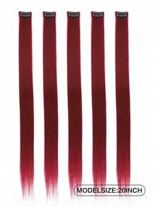 5pcs Colorful Clip-In Hair Extensions, 20-Inch Straight Synthetic Hair Clips For Party Costume, Christmas Or New Year Gift For Girls (Wine Red) - Burgundy - View 11