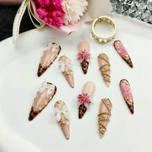 10pcs Pure Hand-Wom Nail,3D White Bow, Pink Floral Art, Gold Dots & Pearl Details | Nude Pink Chic Fake Nails For Women - Perfect For Parties, Dates, Daily Style & Special Occasions,Stiletto Press - On Nails With Leopard Print - 杏色 - 查看 3