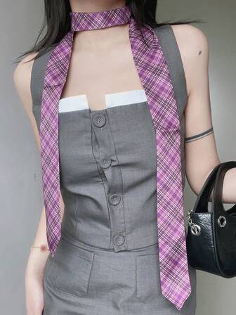 1pc Plaid Casual Street Elegant Polyester Skinny Necktie Scarf Headband Belt 4-In-1 Multifunctional Accessory, Unisex, All Season