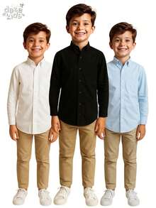 Daze Modas Kit 3 Comfortable Long Sleeve Children's Social Shirts For Boys - ĐEN/TRẮNG-XANH - Xem 5