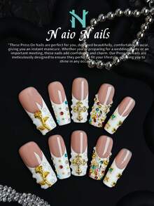 NAIO Bộ sưu tập móng tay nghệ thuật thủ công cao cấp Pring And Summer, móng giả hình chữ nhật dán sẵn, bao gồm đầu móng kiểu Pháp màu trắng được trang trí bằng hoa hồng vàng 3D, biểu tượng thánh giá vàng, hạt thép vàng và đá ngọc trai, dụng cụ làm móng được thiết kế đặc biệt dành cho phụ nữ và các cô gái, 10 chiếc mỗi bộ, thích hợp cho các bữa tiệc, lễ kỷ niệm, sử dụng hàng ngày và là món quà tuyệt vời dành cho phụ nữ và các cô gái. - Nhiều màu - Xem 3