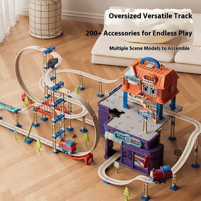 Juego de set de pista de aventura de ciudad, tren y coche transformables, coche de juguete eléctrico educativo, regalo de cumpleaños para niños