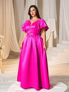 Robe de soirée élégante à col en cœur pour femmes grandes tailles, avec manches fluides et jupe évasée, taille ornée de perles et de sequins, buste ajusté. Convient pour les dîners de gala, mariages, tapis rouges, soirées d'opéra, galas de bienfaisance et autres occasions formelles. - Rose vif - Voir 5