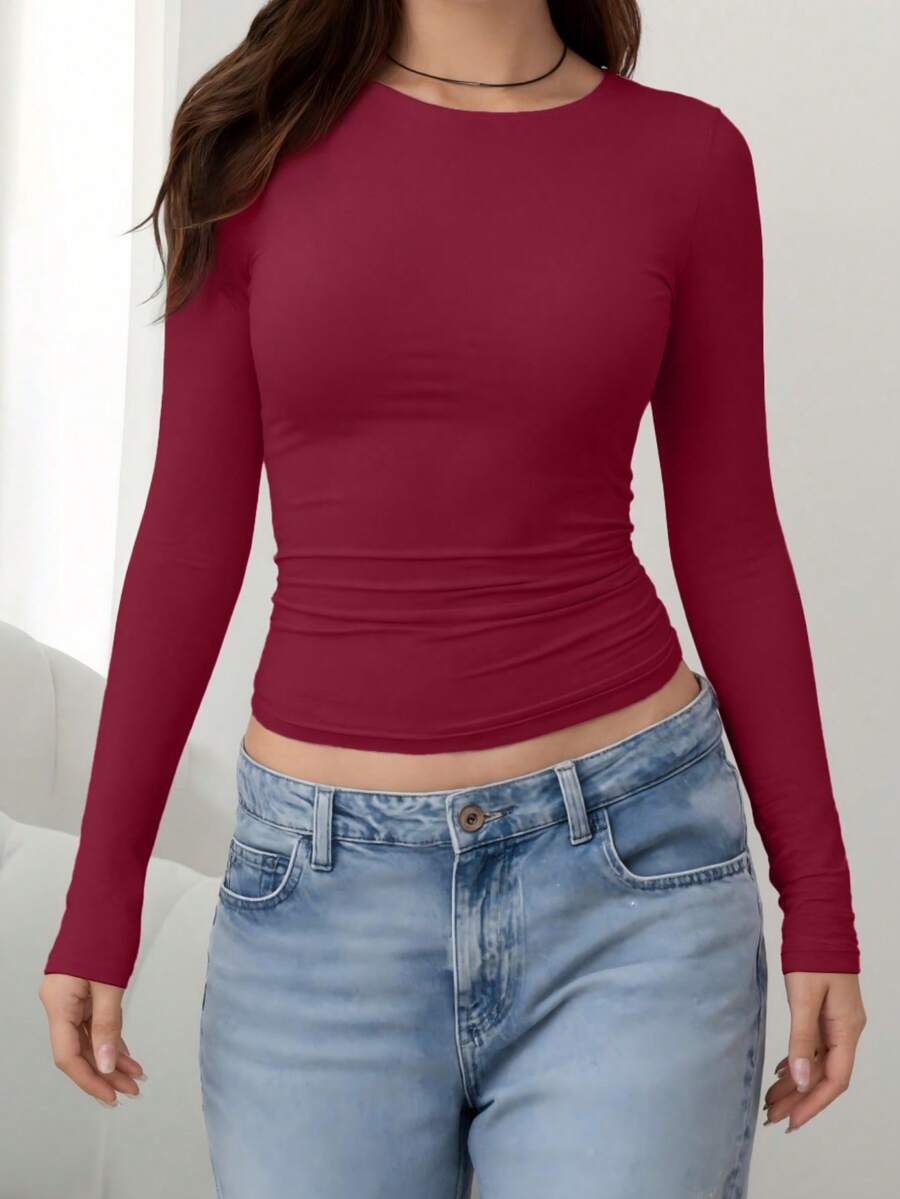 T-shirt casual à manches longues, coupe slim et col rond pour femmes