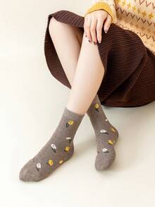 1/3/5双女士中长袜，适合秋冬季节，厚款毛圈保暖袜，花朵图案女士袜子 - 彩色 - 查看 5