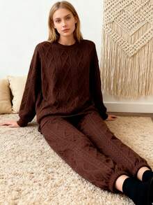 Diamond Pattern Knitted Top And Trousers Set Round Neck Sweatshirt + Cuffed Trousers Two-Piece Set - Brown - View 4