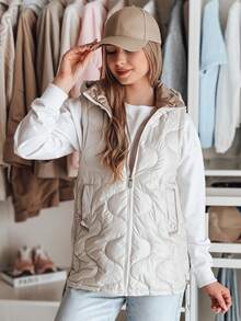 Women's Transitional Quilted Vest With A Detachable Hood. Stylish Design With Side Adjustments And Practical Pockets. This Lightweight, Padded Jacket Is Perfect For Layering In Spring And Autumn. Comfortable And Practical. - Light Grey - View 2