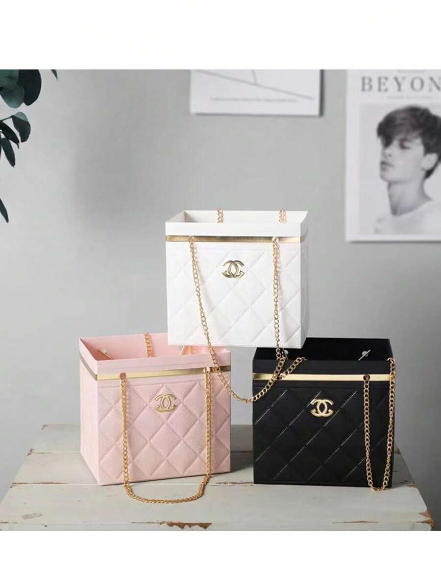 可折叠链条手柄礼品盒，厚纸板花束包装盒，防水耐用设计，多种颜色可选，简约风格，适用于鲜花、干花、手工礼品、婚礼、生日、母亲节、情人节等场合