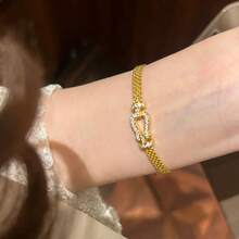 18K镀金复古马蹄形锆石装饰可调节女士手链 - 金色 - 查看 4