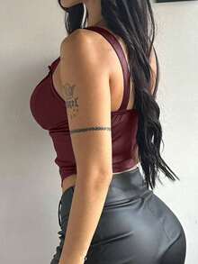 Apperloth A Sexy PU Leather Boned Corset Black Crop Tops V-Neck Grommet Eyelet Lace Up Front Curved Hem Backless Overbust Shapewear Wide Strap Cami Tank Top For Women Halloween Costumes Rave Festival Outfits - Đỏ - Xem 2