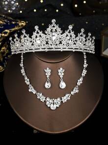 Classic Crystal Crown Necklace & Earrings Set, Fashion Jewelry Set For Brides, Bridesmaids, European & American Style
