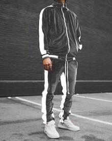 2025 New Men's Velvet Tracksuit Set, Retro Sport Style Zipper Jacket & Joggers, Y2K Streetwear Oversized Comfort Fit, Couple Matching Casual Outfit, Winter Warm Fleece Lined Athflow Velour Lounge Set - 灰色 - 查看 1