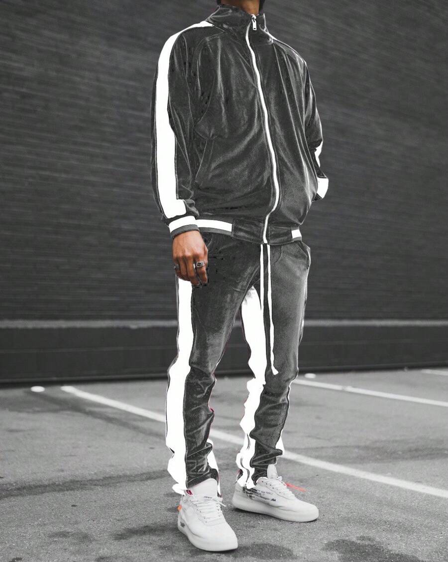 2025 New Men's Velvet Tracksuit Set, Retro Sport Style Zipper Jacket & Joggers, Y2K Streetwear Oversized Comfort Fit, Couple Matching Casual Outfit, Winter Warm Fleece Lined Athflow Velour Lounge Set - 灰色 - 查看 1