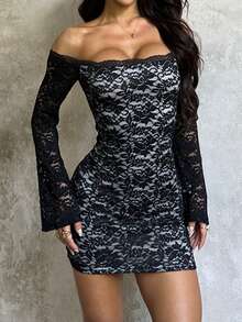 Shiny Patchwork Elegant Asymmetric/Asymmetrical Lace Splice Knot Evening Date Dress - Black - View 1