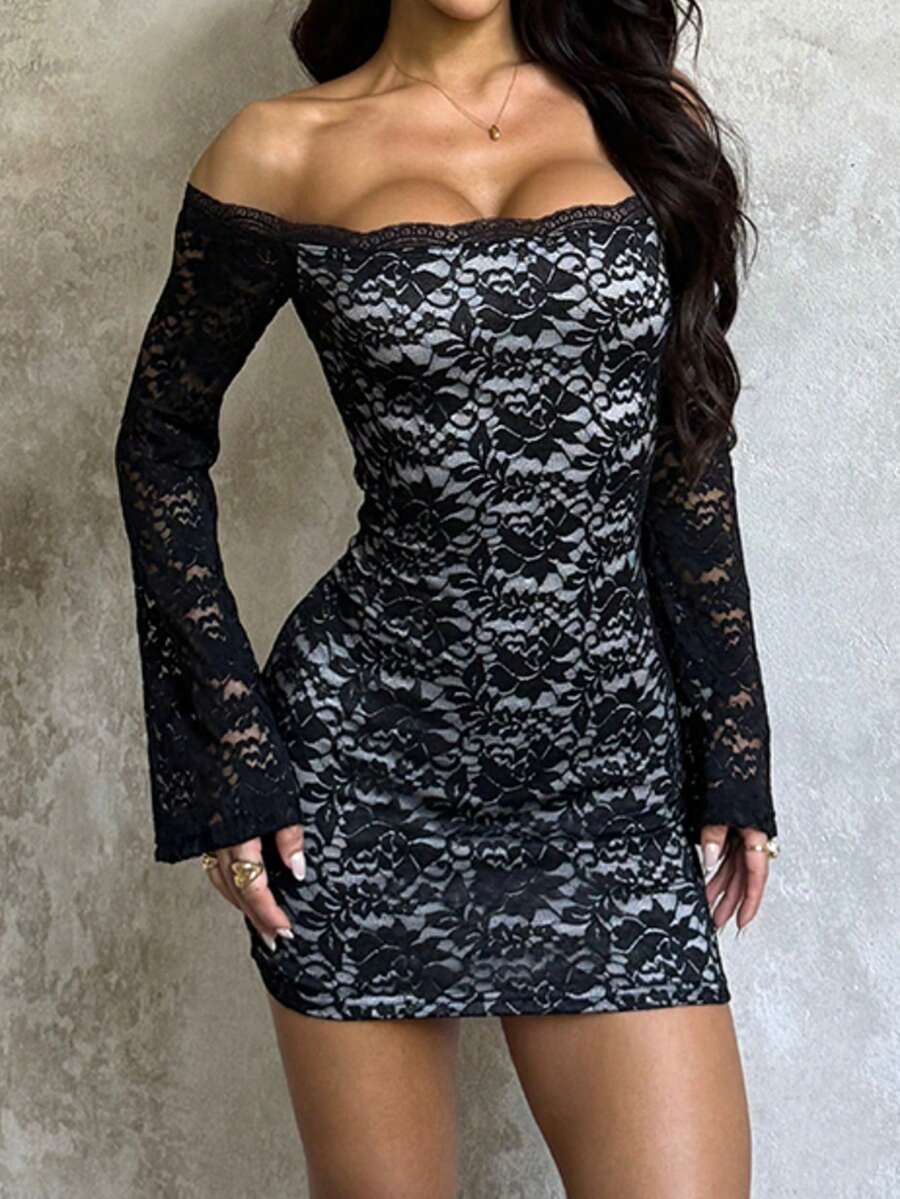 Shiny Patchwork Elegant Asymmetric/Asymmetrical Lace Splice Knot Evening Date Dress - Black - View 1