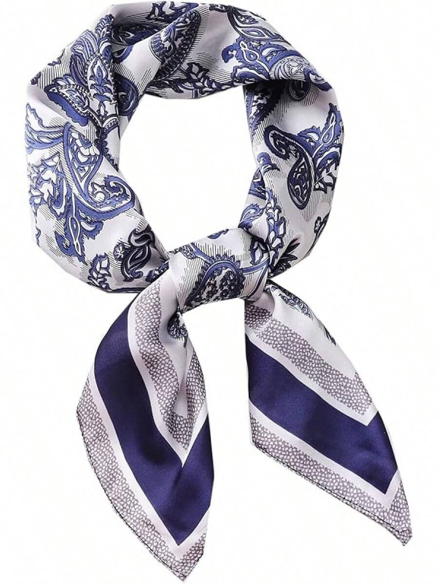 WENLOOY Square Satin Silk Feeling Hair Scarf Headscarf For Women/Men's Necktie Silk Bandanas Pocket Squarehalloween - 30502-c 藍色花卉 - 查看 1