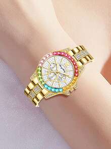 1pc Ladies Watch Gold Watch Ladies Business Steel Strap Quartz Watch Rhinestone Three Eyes Watch - Gold - View 5