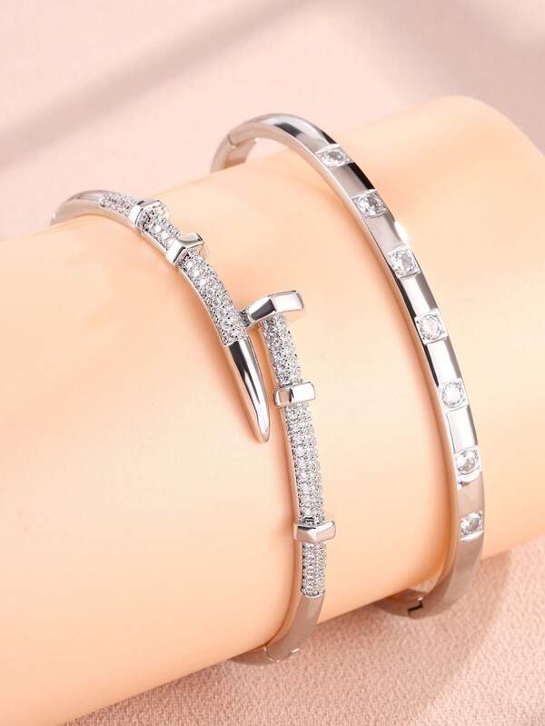 2 pezzi Set di braccialetti alla moda e minimalisti con decorazioni in strass, adatti per l'uso quotidiano delle donne