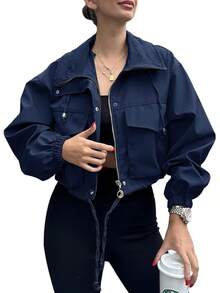 Womens Cropped Zip Up Lightweight Oversized Utility Anorak Coat With Pockets, Style EBU0 - Navy - 查看 6
