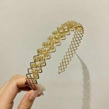 1件復古優雅大珍珠髮箍，金色方形復古珍珠髮飾，極簡精緻女性髮夾髮帶 - 網格水晶香檳色1pcs - 查看 5