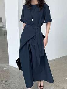 女士优雅短袖连衣裙，纯色，优雅梭织面料，配领带，适合优雅日常办公室穿着，夏季 - 藏蓝色 - 查看 3