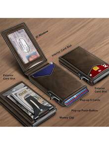 Wallet For Men, Men's Leather Smart Money Clip Wallet RFID Blocking Minimalist Bifold Pop Up Aluminum Alloy Magnetic Credit Card Case Holder With ID Window - Cà phê - Xem 4