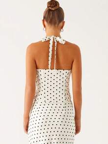 Women's Elegant Two-Piece Dress With Pleated Polka Dot Print On The Chest, Sleeveless Backless Lace Up Top And Long Skirt, Suitable For Dates, Parties, Clubs, And Outings - 白色 - 查看 7