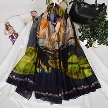 100% Mulberry Silk Scarf For Women Lightweight Long Scarves Beach Wraps Cover Up -Travel Photography Scarfhalloween - 紫藍蓮花 - 查看 4