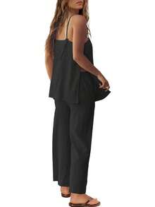 2 Piece Linen Set Summer Travel Beach Vacation Outfit Sexy Spaghetti Strap Tank Top And Pants With Pocketshalloween - Dark Brown - 查看 10