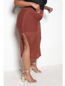 Plus Size Midi Skirt With Openwork Fabric In Modal Knit, Elegant, Casual - Brown - View 5