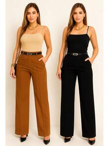 Kit Of 2 Women's Tailored Wide Leg Pants With Belt - 黑色/焦糖色 - 查看 3