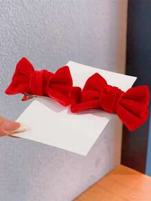 2pcs Girls' Elegant Cute Versatile Velvet 3D Bow Hair Clips - Red - View 8