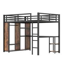 Queen Size Loft Bed With Built-In Wardrobe, Desk And Storage Shelves, Metal Loft Bed Frame In Woodgrain Finish - 木材+MDF+金屬+大床 - 查看 10