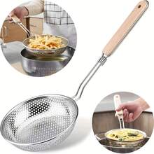 High-End Stainless Steel Wooden Handle Colander - Fine Mesh Cooking Spoon, Suitable Food Preparation And Oil Filtering - Choice Pasta And Noodles, Home Kitchen And Restaurant Use,Kitchen Accessories, A Must-Have Kitchen Tools Gift For Home Chefs, Space-Saving Storage For Kitchen Organizers , Christmas Kitchen Gifts Idea