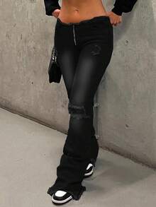 NVFelix Quần ống loe cạp thấp dáng ôm dành cho nữ, chất liệu co giãn, chi tiết rách cá tính, phong cách retro thường ngày, thích hợp cho mùa xuân và mùa hè, màu đen. - màu đen - Xem 5