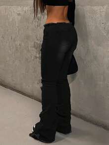 NVFelix Quần ống loe cạp thấp dáng ôm dành cho nữ, chất liệu co giãn, chi tiết rách cá tính, phong cách retro thường ngày, thích hợp cho mùa xuân và mùa hè, màu đen. - màu đen - Xem 7