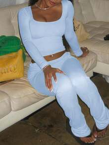 Onicee 女士夏季两件套，蓝色方领褶皱长袖上衣和休闲裤，适合情人节、约会、聚会、派对、旅行、度假、海滩等场合。 - 藍色 - 查看 4