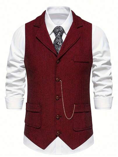 New Men's Herringbone Tweed Waistcoat, Vintage Lapel Chain Decor Vest