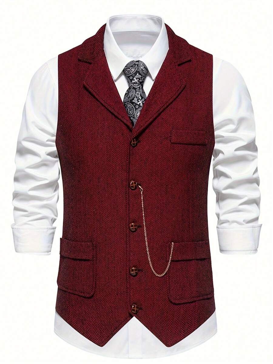 New Men's Herringbone Tweed Waistcoat, Vintage Lapel Chain Decor Vest