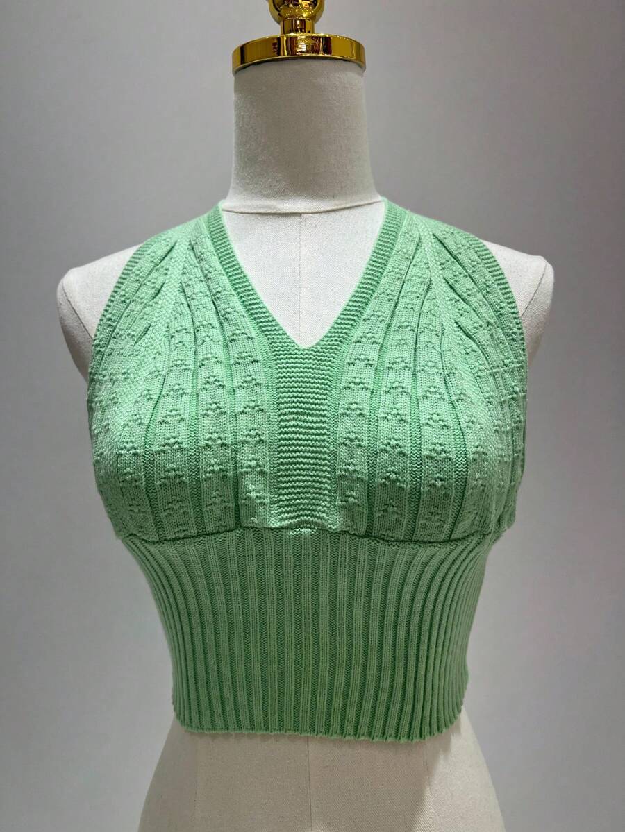 Simple, Knitted, Cable Knit, Backless, Beach, Tie-Up Crop Top - Olive Green - View 1