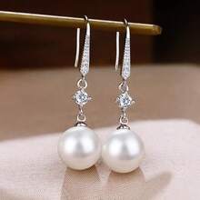 1 Pair Of Imitation Pearl Earrings For Women, New  Fashionable Versatile Earrings, Face Slimming Gold Earrings, Ear Hooks - 銀色+白色 - 查看 10