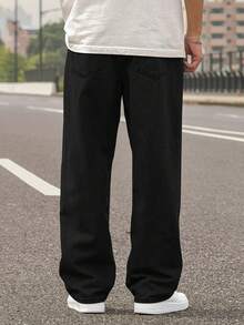 Men's Washed Light Blue Straight Jeans, Men's Loose Jeans, Retro Y2K Style, Simple And Versatile - 黑色 - 查看 6