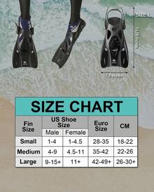 Reef Tourer Snorkel Fins, Adjustable Open Heel, Compact Short Blade Swimming Snorkeling Flippers, Travel Size, RF0106P - Black - View 6