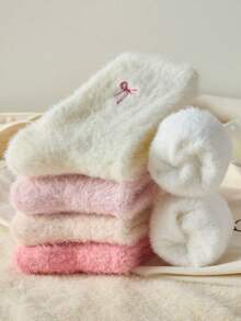 5 Pairs Of White And Pink Fuzzy Women's Crew Socks, Bow Pattern Warm Socks, Soft And Comfortable, Suitable For Autumn And Winter,Random Colors
