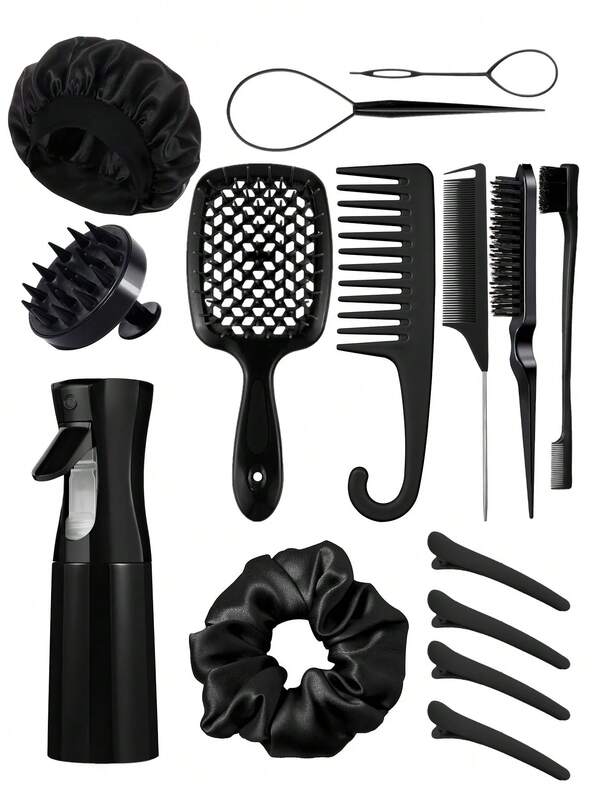15pcs Hair Styling Tools Set,With Spray Bottle And Sleeping Cap,Curly Brush Set,4 Pieces Hair Clips For Women Hair Styling Design,Wide Tooth Comb With Hook,Detangling Hair Brush,Tail Comb,Shampoo And Massage Comb,Make Knotting Your Hair Easier And Faster On Wash Day,Suitable For Natural Hair(Black,Pink,Purple)